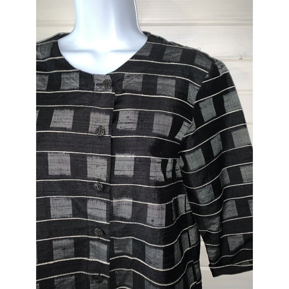 VTG Chicos Sz 0 (SMALL) Striped Check Silk Shirt Jacket Tunic 3/4 Sleeve EUC